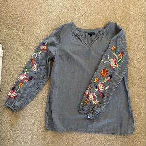 Talbots Blue Striped Top with Floral Embroidery